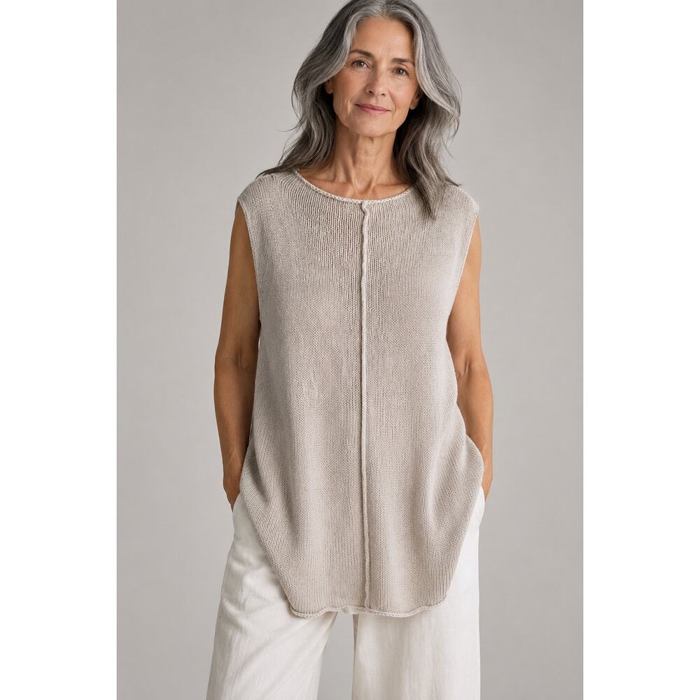 Eileen Fisher 100% Linen Long Tunic Sweater Sleeveless Beige Size Large